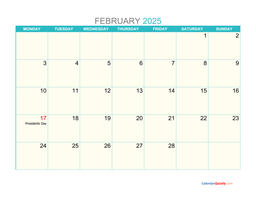 February Monday 2025 Calendar Printable