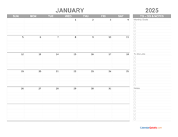 january 2025 calendar with to-do list