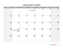 January Calendar 2025 with Holidays