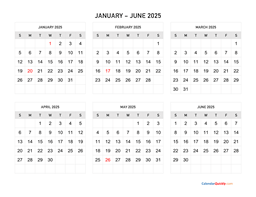 January to June 2025 Calendar Horizontal