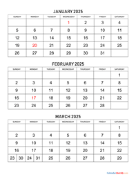 January to March 2025 Calendar