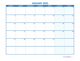 January Monday 2025 Blank Calendar