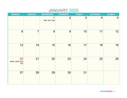 January Monday 2025 Calendar Printable