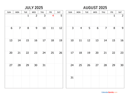 July and August 2025 Calendar