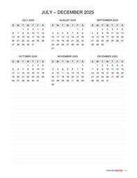 July to December 2025 Calendar with Notes