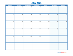 July Monday 2025 Blank Calendar