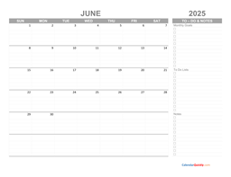 June 2025 Calendar with To-Do List