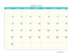 June Monday 2025 Calendar Printable
