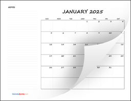 Monthly Blank Calendar 2025 with Notes
