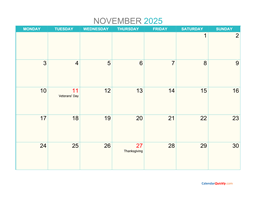 November Monday 2025 Calendar Printable
