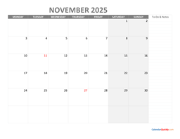 november monday calendar 2025 with notes