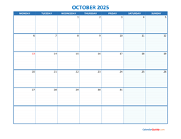 October Monday 2025 Blank Calendar