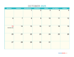 October Monday 2025 Calendar Printable