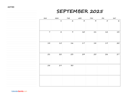 September Blank Calendar 2025 with Notes