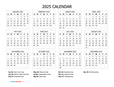 2025 Calendar with Holidays