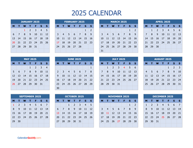 Monday 2025 Calendar Horizontal