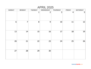 April 2025 Blank Calendar