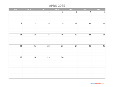 April Calendar 2025 Printable