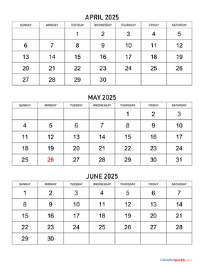 April to June 2025 Calendar Vertical