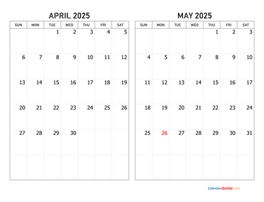 April and May 2025 Calendar Horizontal