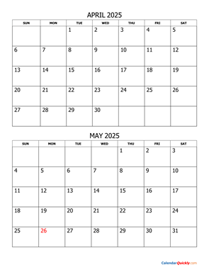 April and May 2025 Calendar Vertical