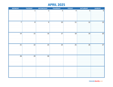 April Monday 2025 Blank Calendar