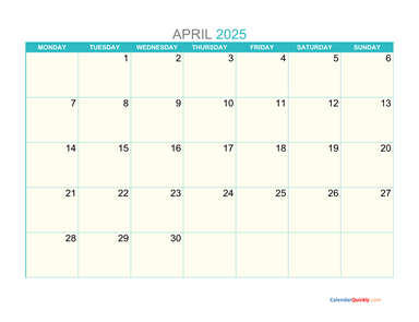 April Monday 2025 Calendar Printable