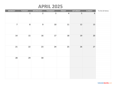 April Monday Calendar 2025 with Notes