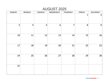 August 2025 Blank Calendar