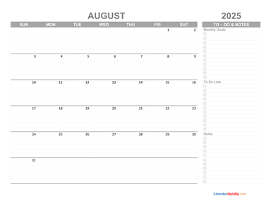 August 2025 Calendar with To-Do List