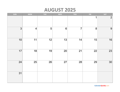 August Calendar 2025 with Holidays