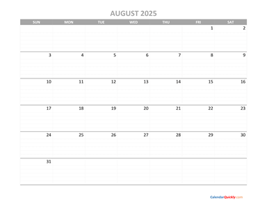 August Calendar 2025 Printable