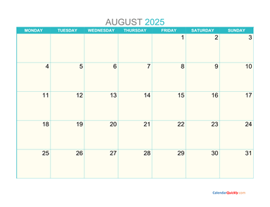 August Monday 2025 Calendar Printable