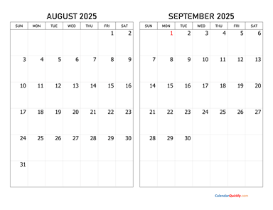 August and September 2025 Calendar Horizontal