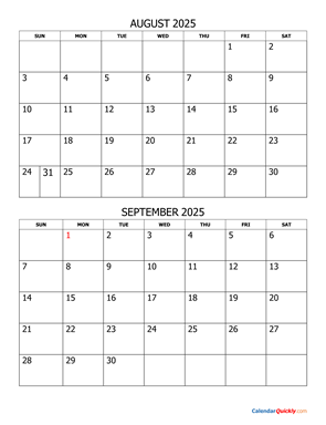 August and September 2025 Calendar Vertical