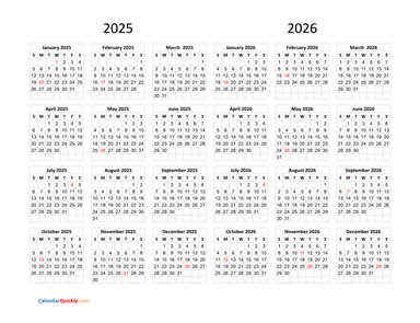 Calendar 2025 and 2026 on One Page