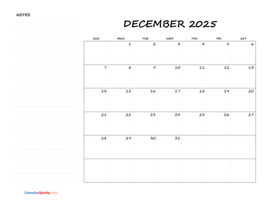 December Blank Calendar 2025 with Notes