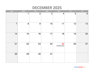 December Calendar 2025 with Holidays