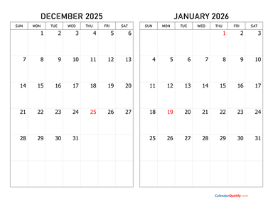 December 2025 and January 2026 Calendar Horizontal