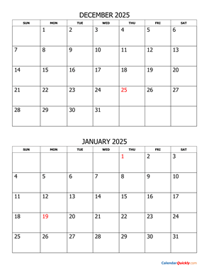 December 2025 and January 2026 Calendar Vertical