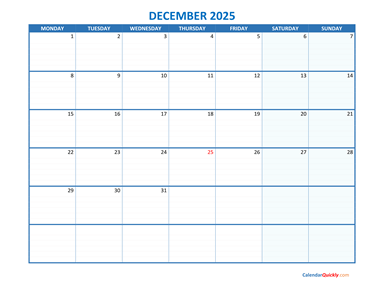 December Monday 2025 Blank Calendar