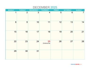 December Monday 2025 Calendar Printable