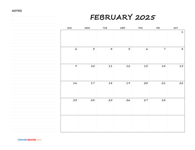 February Blank Calendar 2025 with Notes