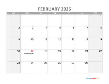 February Calendar 2025 with Holidays