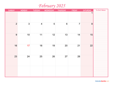 February Calendar 2025 with Notes