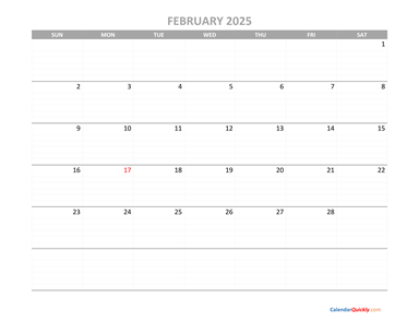 February Calendar 2025 Printable