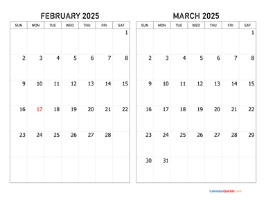 February and March 2025 Calendar Horizontal