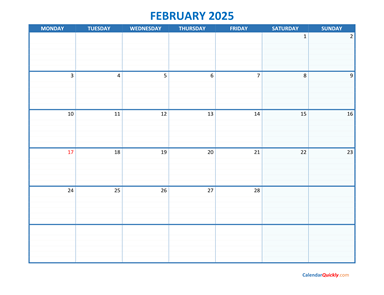 February Monday 2025 Blank Calendar