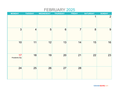 February Monday 2025 Calendar Printable