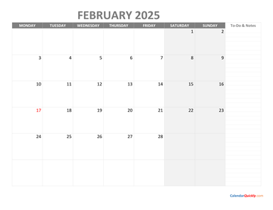 February Monday Calendar 2025 with Notes